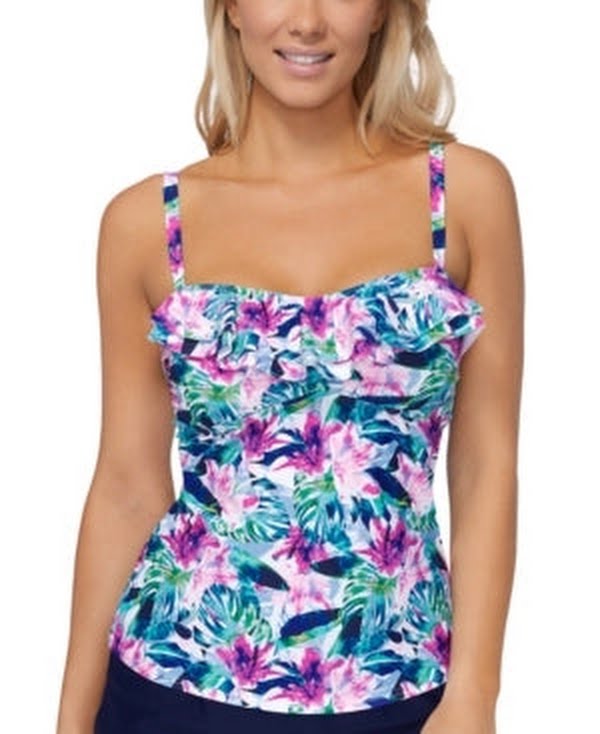 Island Escape Womens Swimsuit Seaside Shades Ruffled Tankini Top