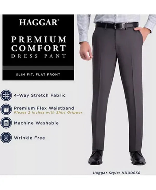 Haggar Mens Premium Comfort Slim-Fit Performance Stretch Flat-Front Dress Pants