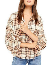 Free People Womens Plaid 3/4 Sleeve Collared Button up Top