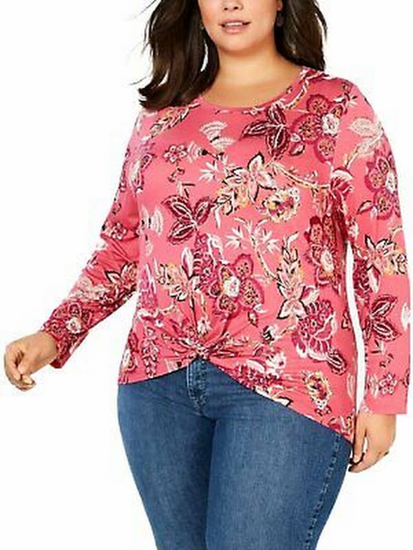 Style and Co. Womens Floral Twist-Front T-Shirt, Medpink, Size 3X