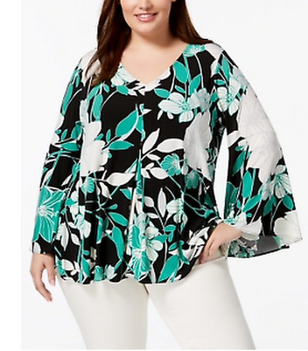 Alfani Women's Plus Size Bell-Sleeve Top, Size 0X/Green