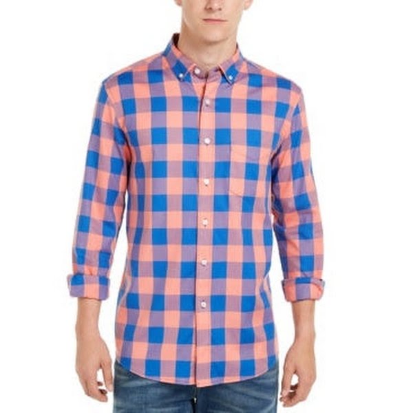 Club Room Mens Herringbone Plaid Pocket Shirt