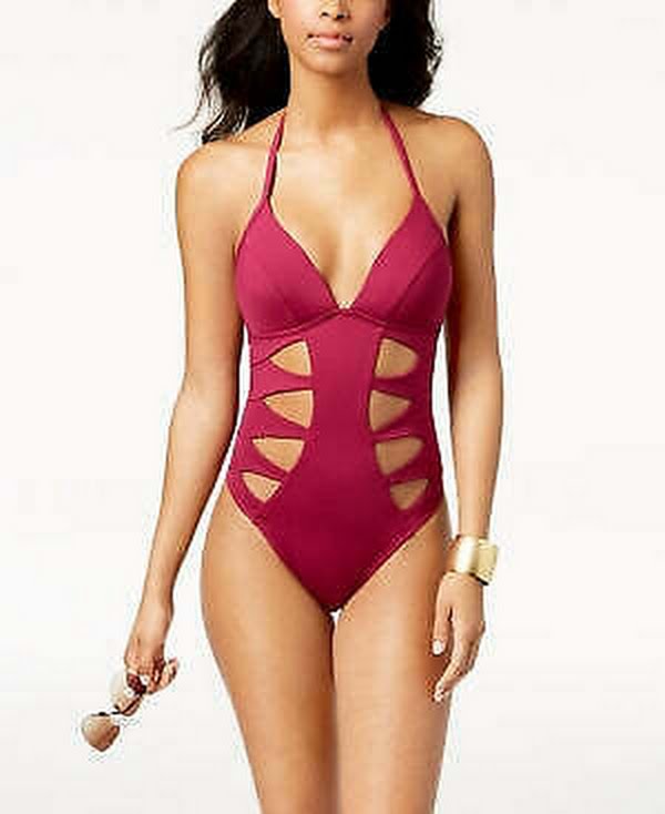 Kenneth Cole Cutout Tummy-Control Push-up One-Piece Swimsuit, Size Large