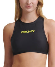DKNY Womens Black Logo Stretch Zippered Sporty Swimsuit Top