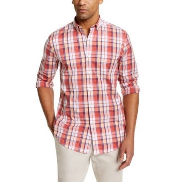 Club Room Mens Herringbone Plaid Pocket Shirt