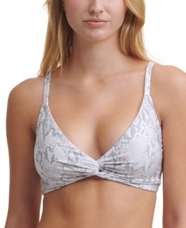 DKNY Snake-Print Twist-Front Bikini Top Pearl Gray White