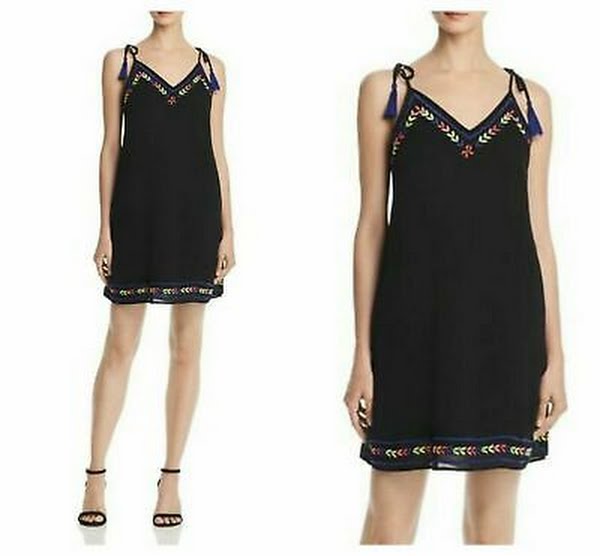 Aqua Tie-Strap Embroidered Shift Dress, Black Multi, XS