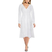 Adrianna Papell V-Neck Floral-Burnout MIDI Dress, White Size 8