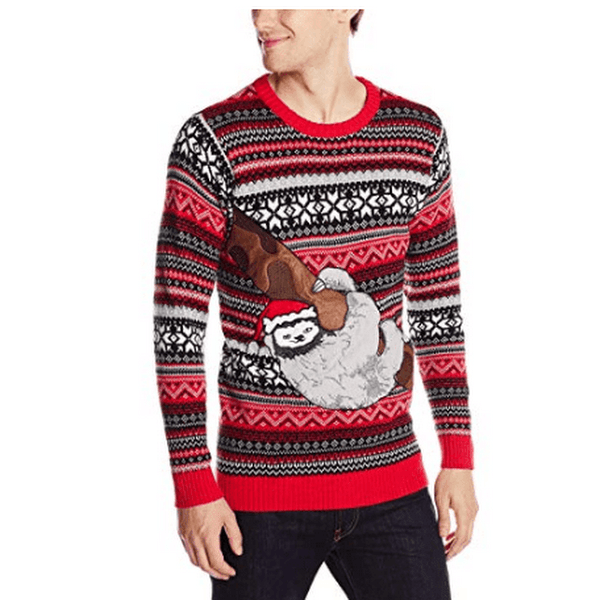 Blizzard Bay Mens Sloth Tree Ugly Christmas Sweater, Red/Grey/Black, Size XL