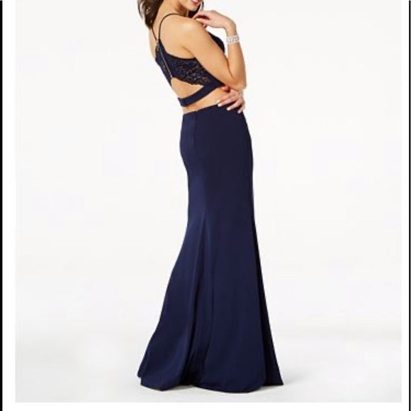 B Darlin Juniors 2-Pc. Lace-Back Slit Gown