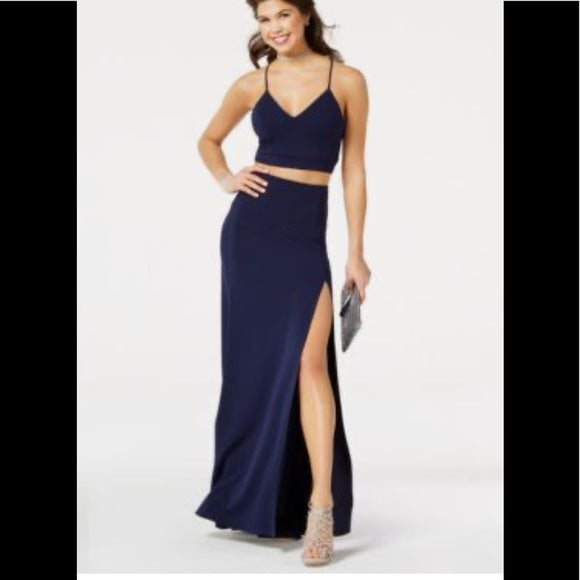 B Darlin Juniors 2-Pc. Lace-Back Slit Gown