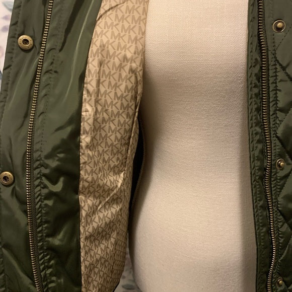 Michael Kors Olive Faux Fur Neck Jacket, Size Medium