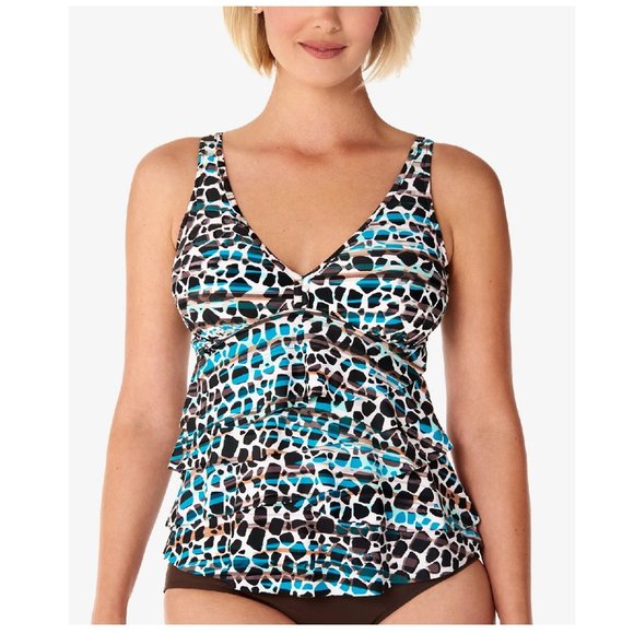 Swim Solutions Print V-Neck Ruffled Tankini Top, Size 12