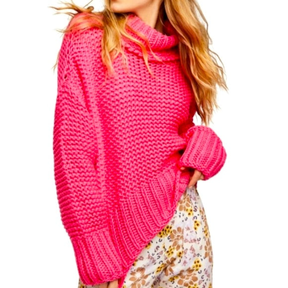 Free People Chunky Knitted Slouchy Pink Fireworks Sweater, Size Small