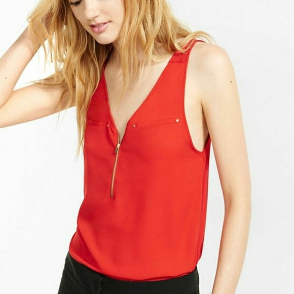 Express Red Sleeveless Blouse with Zipper Detail, Size Medium