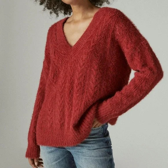 Lucky Brand V-Neck Eyelash Sweater in Winery, Size X-Large