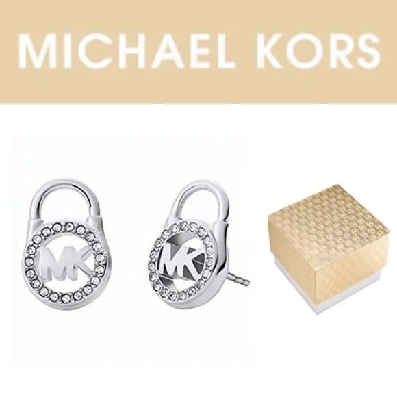 Michael Kors Silver Tone Pave Crystal Padlock Logo Earring Studs