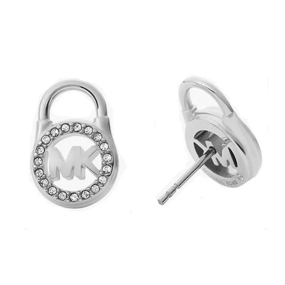 Michael Kors Silver Tone Pave Crystal Padlock Logo Earring Studs