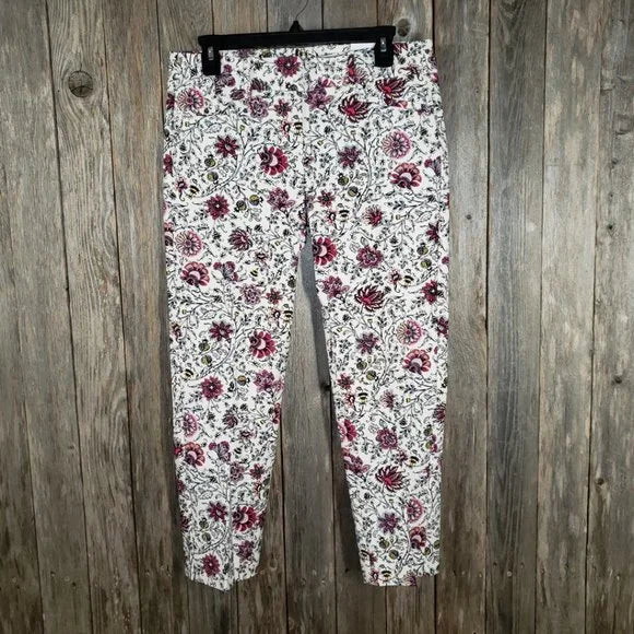 Loft White Cream Floral Riviera Cropped Pants, Size 6