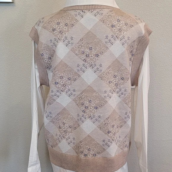 RACHEL ZOE Argyle Twofer Sweater Vest Shirt, Size Medium