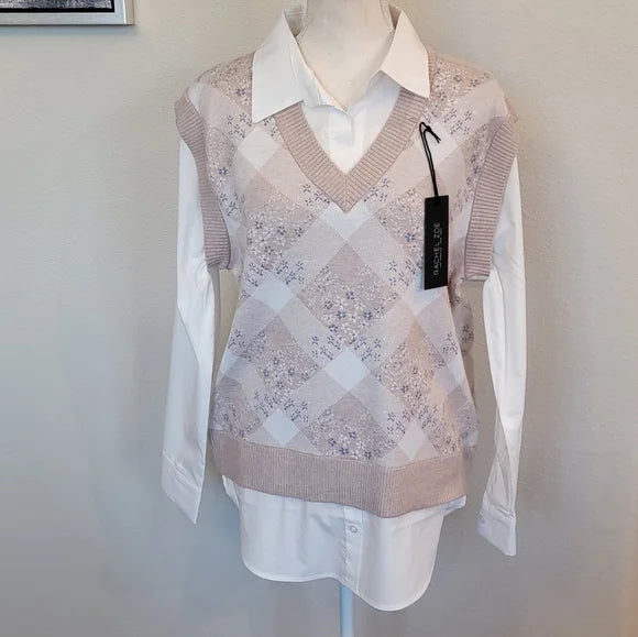 RACHEL ZOE Argyle Twofer Sweater Vest Shirt, Size Medium