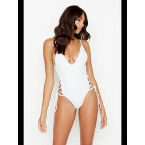 Ris-K Womens White Net-Overlay Lace-Up Sides Expedition One Piece Swimsuit S