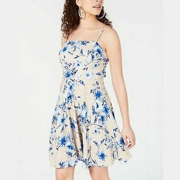 City Studios Juniors Floral Tie-Back Fit and Flare Dress - Sand/Royal, Size 13