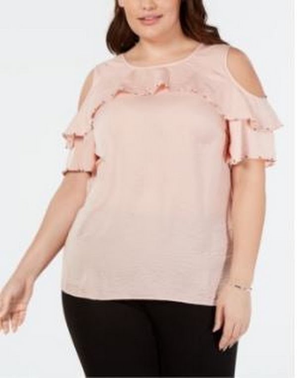 Jm Collection Plus Size Embellished Ruffled Top, casabella  Size 1X