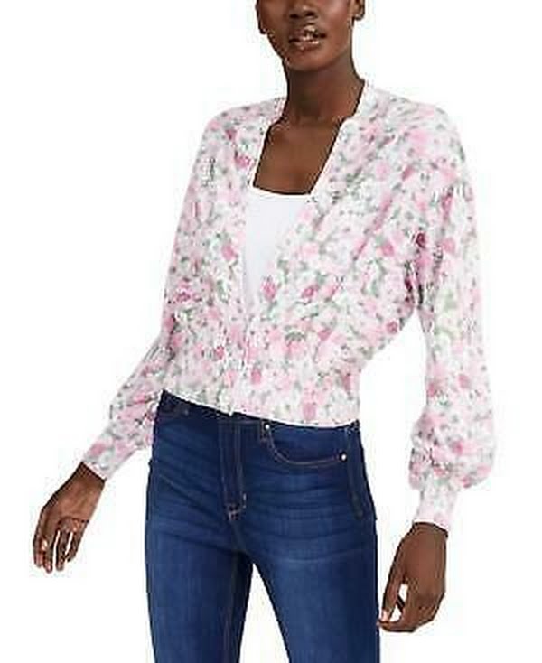 INC Womens Floral Print Ribbed Knit Cardigan Sweater