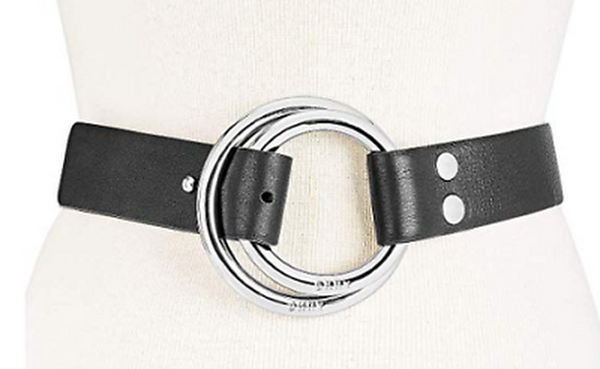DKNY Double-Ring Pull-Back Leather Belt Black Silver