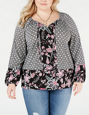Style & Co Plus Size Mixed-Print Bishop-Sleeve Top
