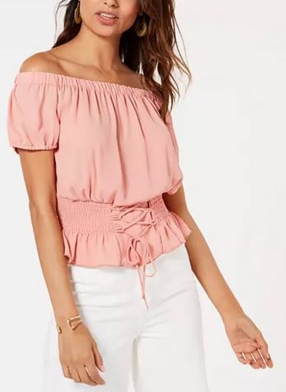 Ultra Flirt Juniors Smocked Lace-up Off-the-Shoulder Blouse, Small