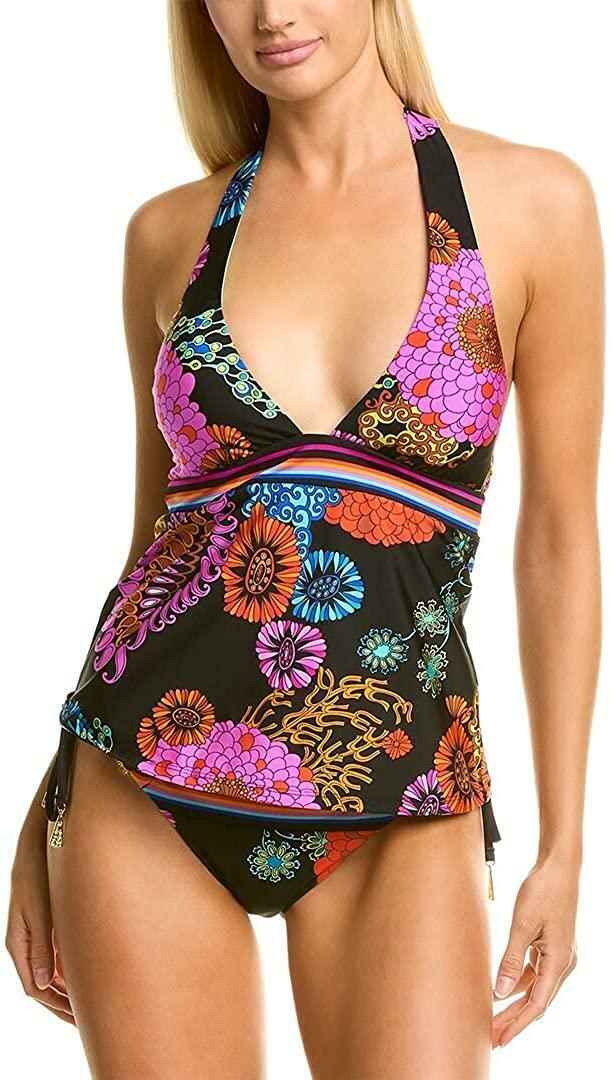 Trina Turk 277270 V-Neck Halter Tankini Swimsuit Top, Multi//Electric Reef, 2