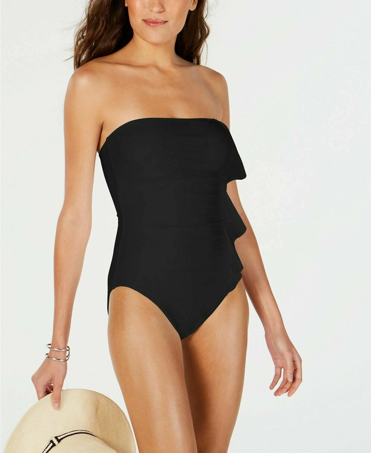 Dkny Bandeau Ruffle Front One-Piece Swimsuit, Black, Size 16