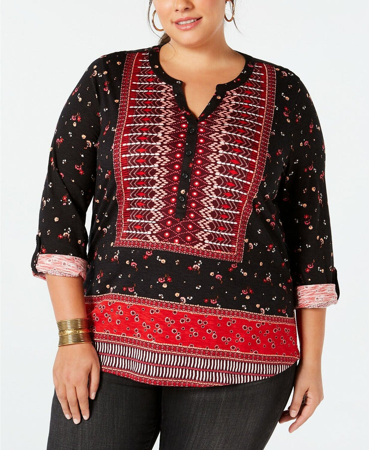 Style & Co Plus Size Printed Roll-Tab Top