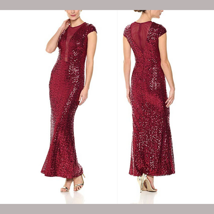 Marina Mesh Inset Sequin Cap Sleeve Gown, Various Sizes