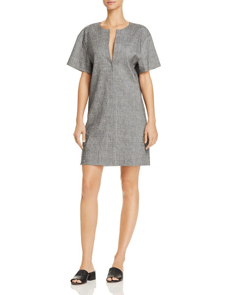 Theory Sharkskin Short-Sleeve Shift Dress, Gray, Size Medium