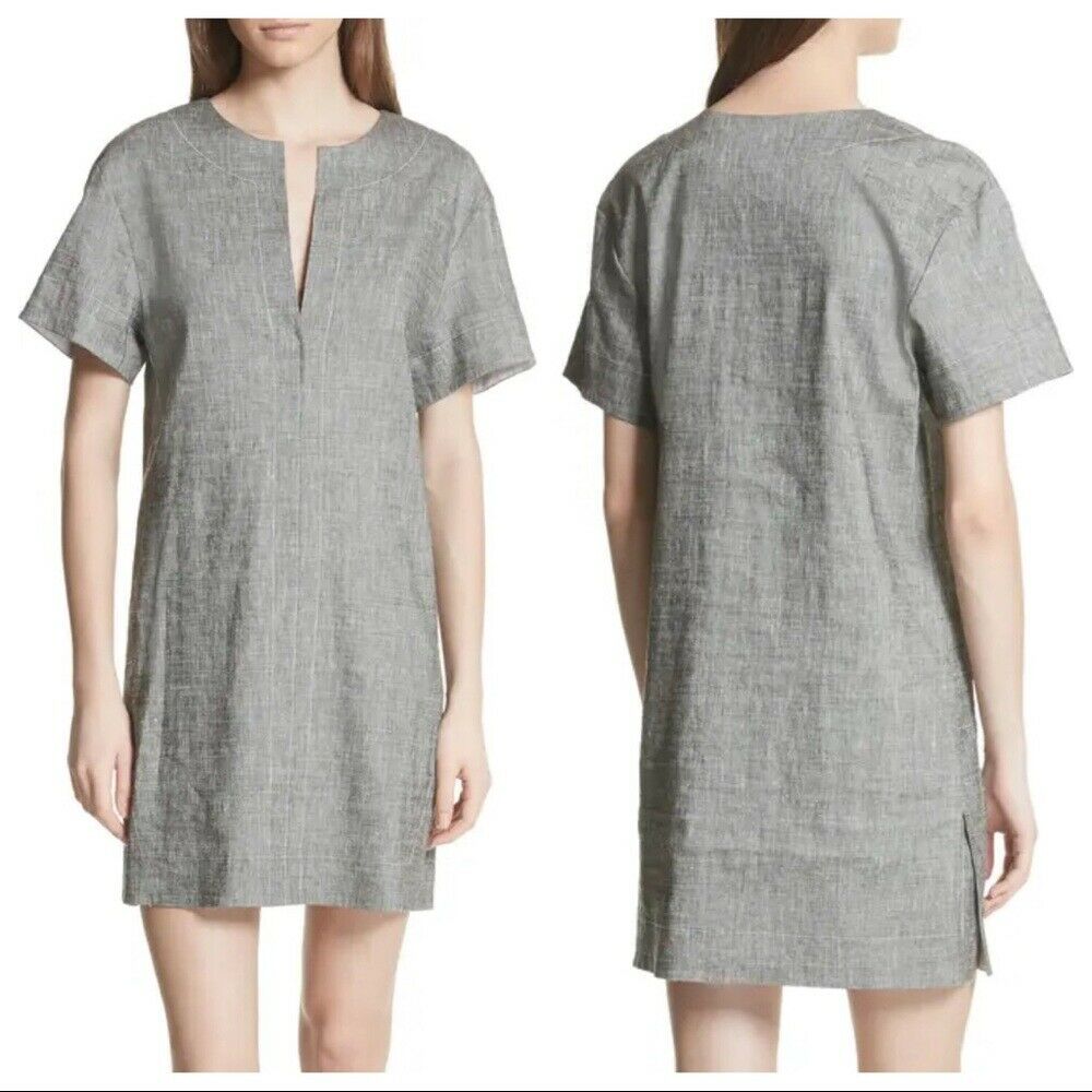 Theory Sharkskin Short-Sleeve Shift Dress, Gray, Size Medium