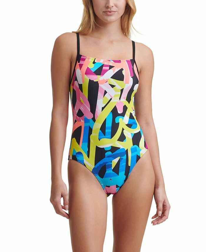 DKNY Grafitti Logo Printed One Piece Swimsuit, Us X-Small