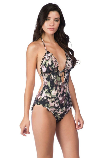 Lucky Brand Juniors Smokescreen Ruffle Plunge Monokini One Piece Swimsuit, S