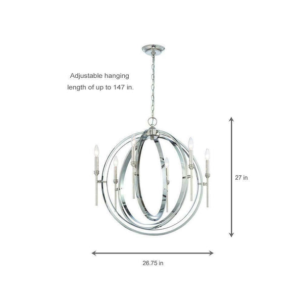 World Imports Rondure 6-Light Polished Nickel Chandelier, Adjustable Height