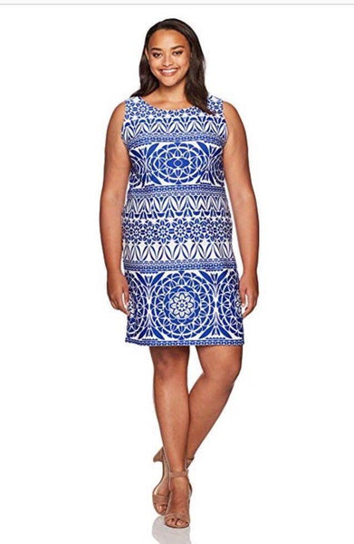 Taylor Woman’s Plus Size Blue & White Sleeveless Sheath Dress, Size 14W