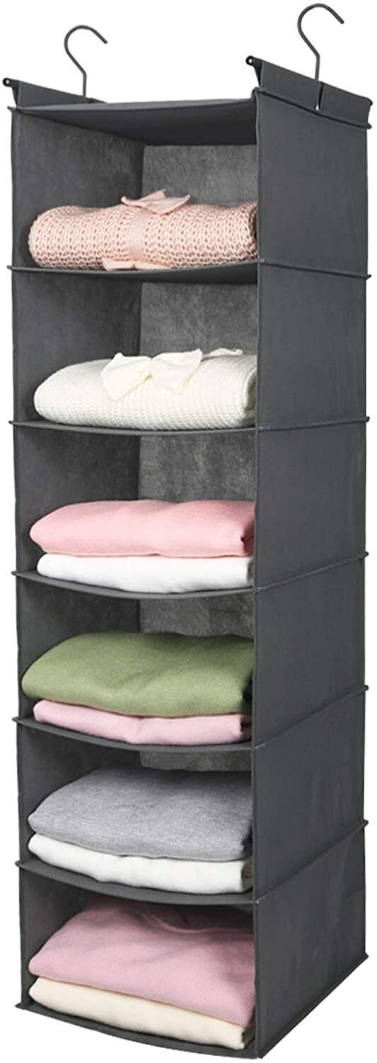 Hanging Organizer for Clothes With 2 Sturdy Hooks 6 Tier Shelf, Grey