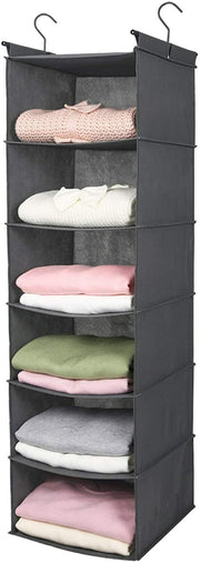 Hanging Organizer for Clothes With 2 Sturdy Hooks 6 Tier Shelf, Grey
