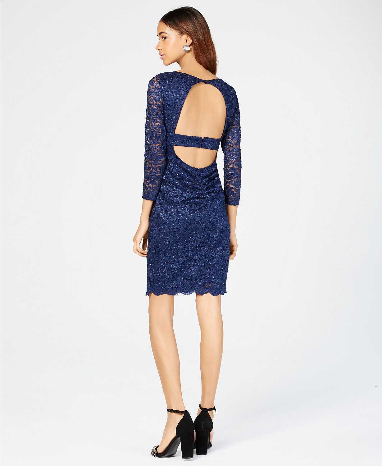 Sequin Hearts Juniors Open-Back Lace Bodycon Dress, Navy, Medium