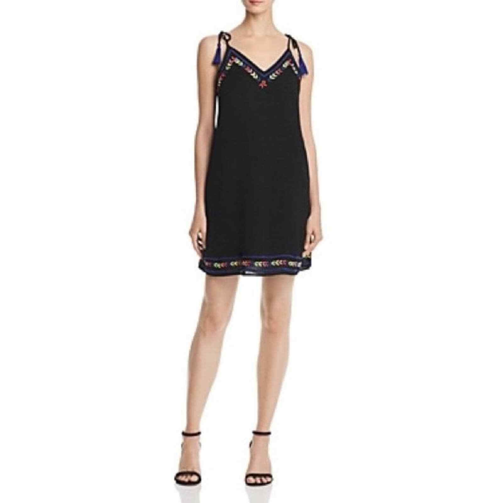 Aqua Tie-Strap Embroidered Shift Dress, Black Multi, XS