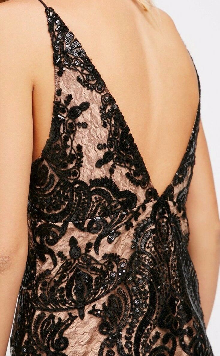 Free People Night Shimmers Mini Dress Plunge Sequin Lace Nude