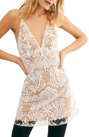 Free People Night Shimmers Mini Dress Plunge Sequin Lace Nude