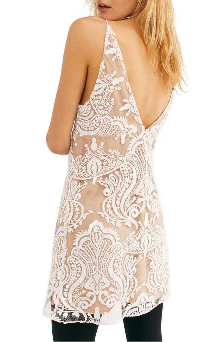 Free People Night Shimmers Mini Dress Plunge Sequin Lace Nude, Choose Sz/Color
