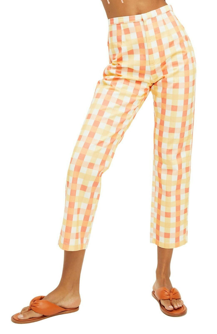 Free People Women Shes All That Plaid Crop High Waist Pants Orange Size 8
